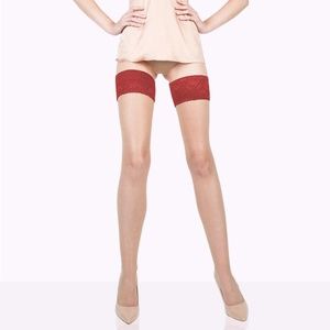 Nude thigh highs stockings with red lace band